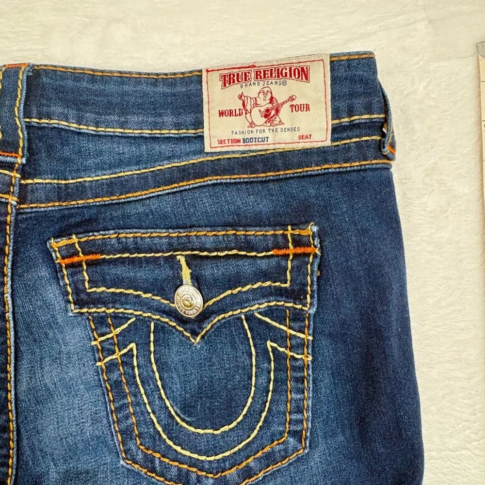 True Religion Mens Bootcut Jeans Dark Wash Orange Stitching Size 33 World Tour